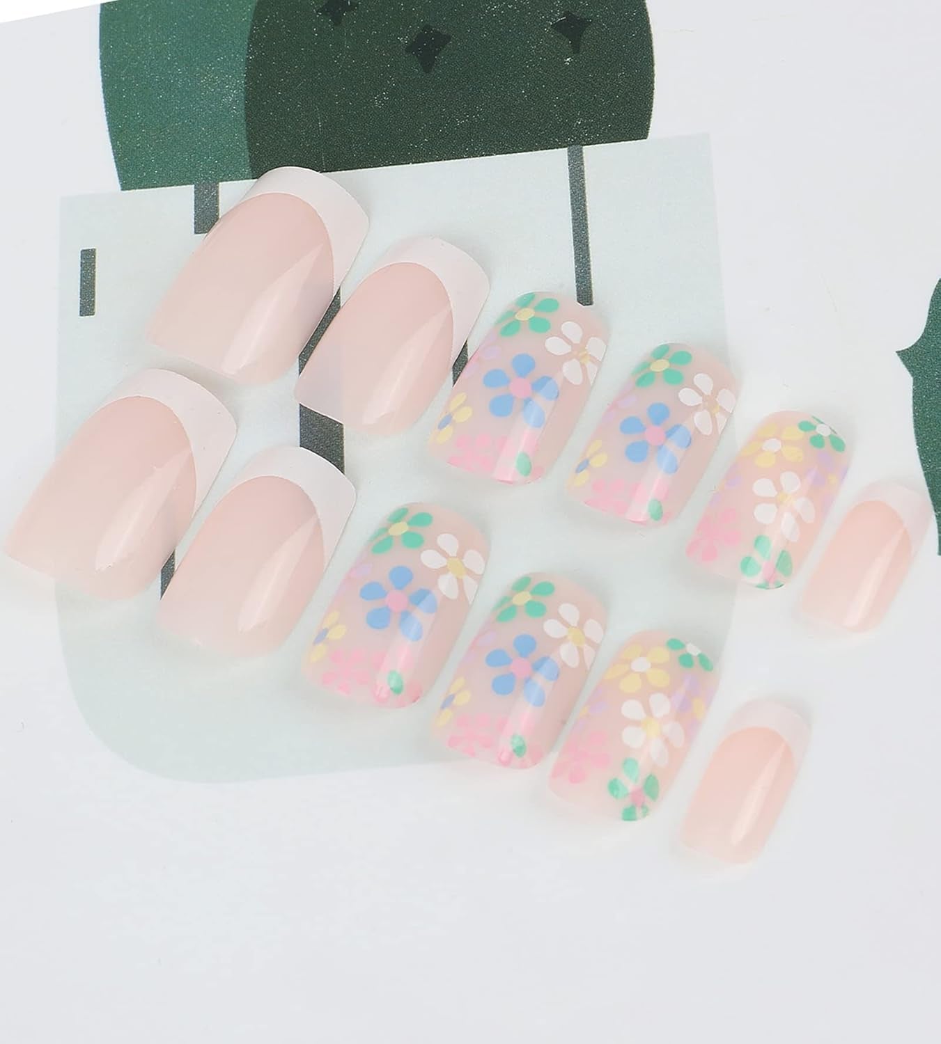 24 Pcs Acrylic Press on Nails Short, Glue on Nails for Women, Fake Nails with Glue (Pink Flower French) - Mystikos