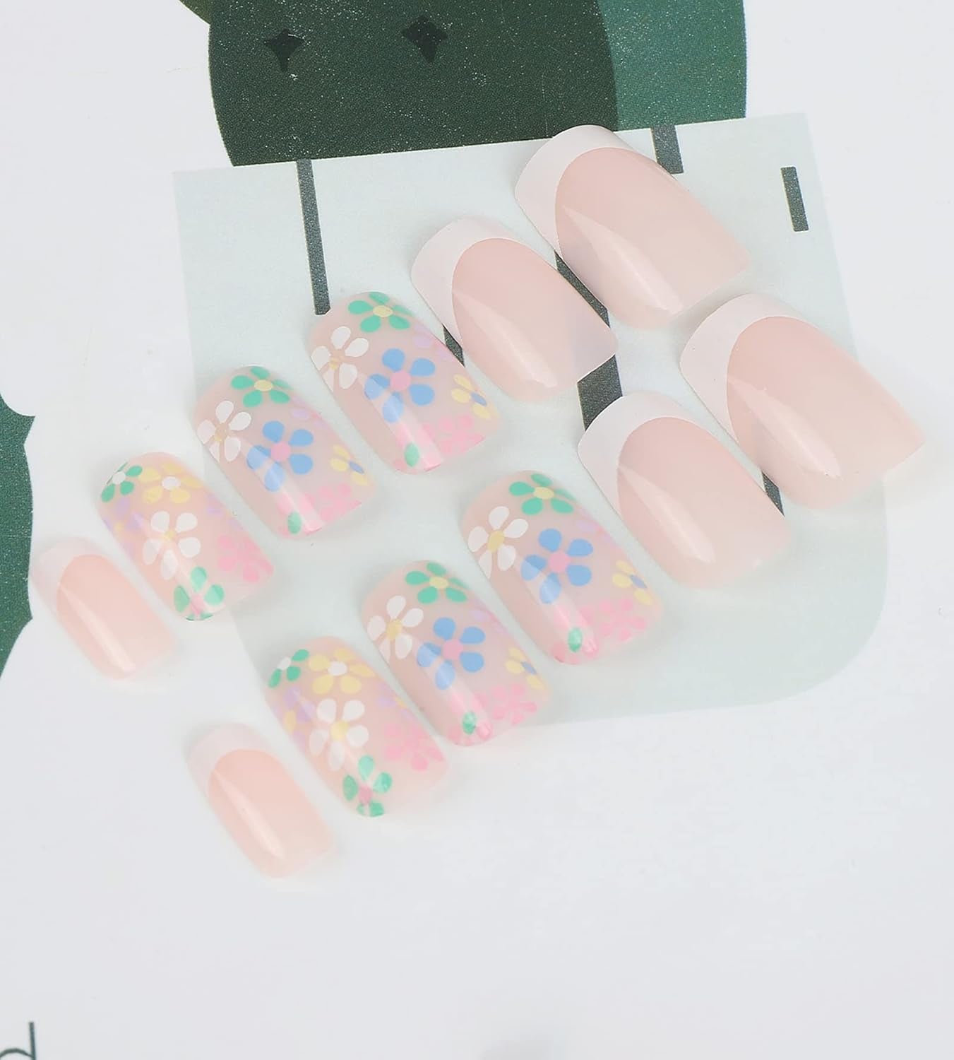 24 Pcs Acrylic Press on Nails Short, Glue on Nails for Women, Fake Nails with Glue (Pink Flower French) - Mystikos