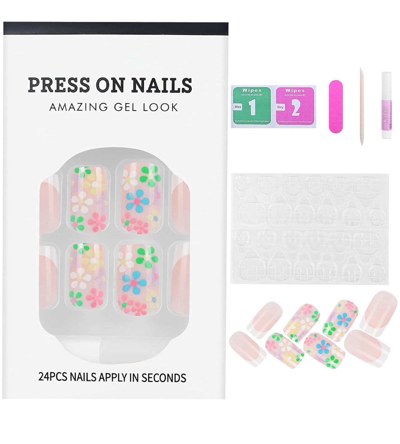 24 Pcs Acrylic Press on Nails Short, Glue on Nails for Women, Fake Nails with Glue (Pink Flower French) - Mystikos