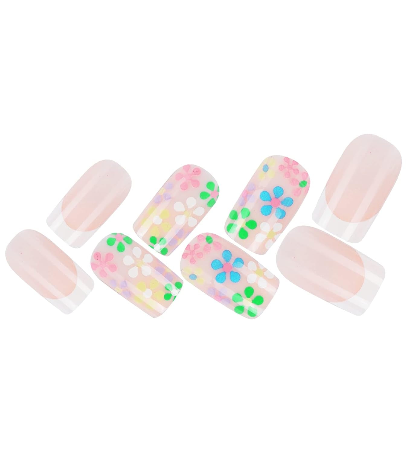 24 Pcs Acrylic Press on Nails Short, Glue on Nails for Women, Fake Nails with Glue (Pink Flower French) - Mystikos