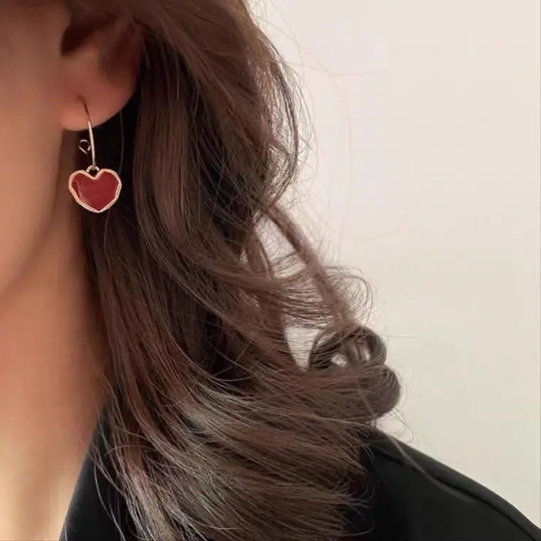 Korea 2021 New Trendy Wine Red Love Earrings Simple Temperament Net Red Wild Personality Earrings Ear Jewelry