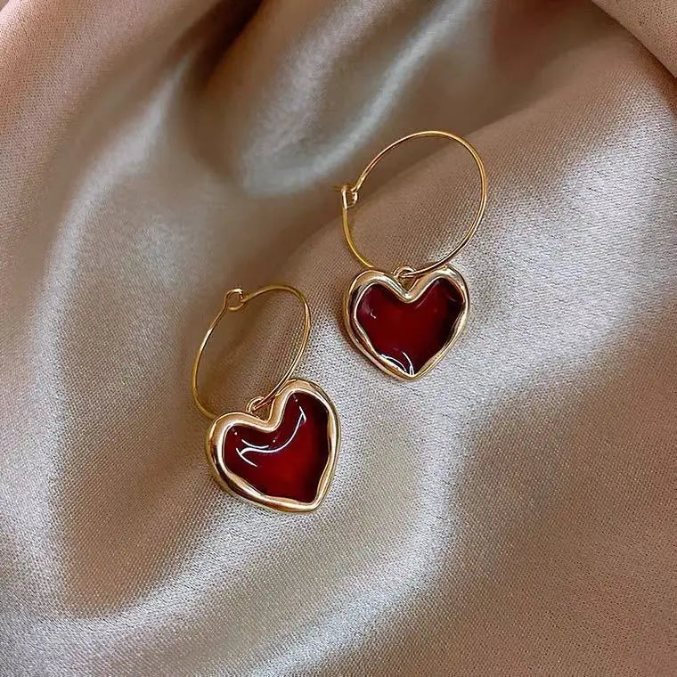 Korea 2021 New Trendy Wine Red Love Earrings Simple Temperament Net Red Wild Personality Earrings Ear Jewelry