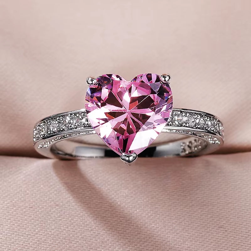 Luxury Solitaire Women Heart Engagement Rings AAA Pink Cubic Zirconia Proposal Rings for Girlfriend Anniversary Gift