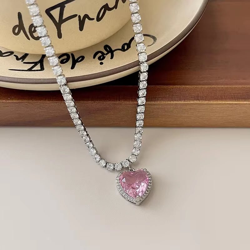 Rhinestione Pink Heart Pendant Necklace for Women Lovers Clavicle Chain Chocker Female Cute Crystal Moonstone Jewlery Gifts - Mystikos