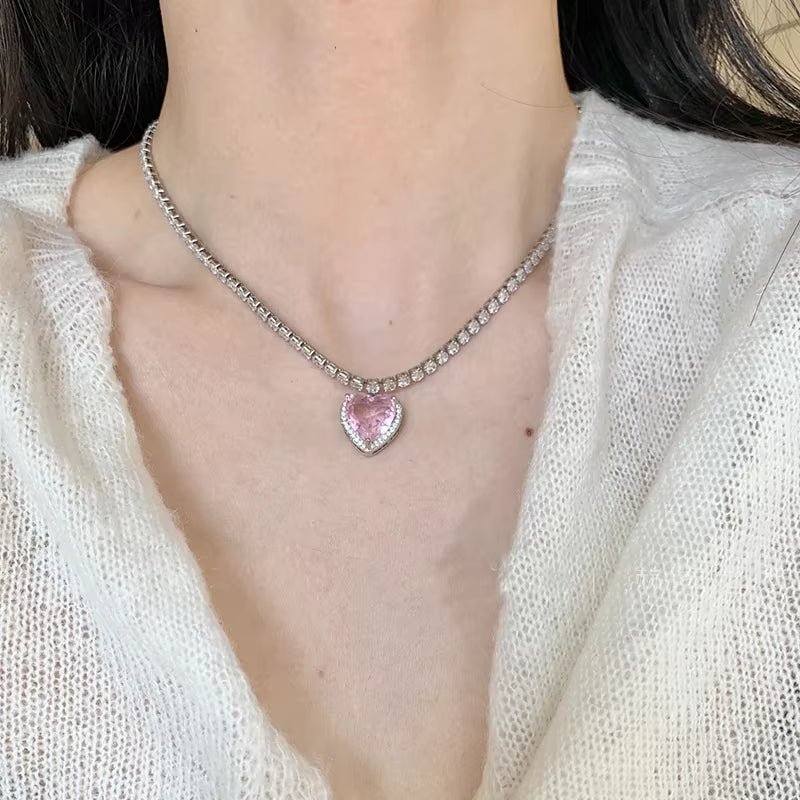 Rhinestione Pink Heart Pendant Necklace for Women Lovers Clavicle Chain Chocker Female Cute Crystal Moonstone Jewlery Gifts - Mystikos